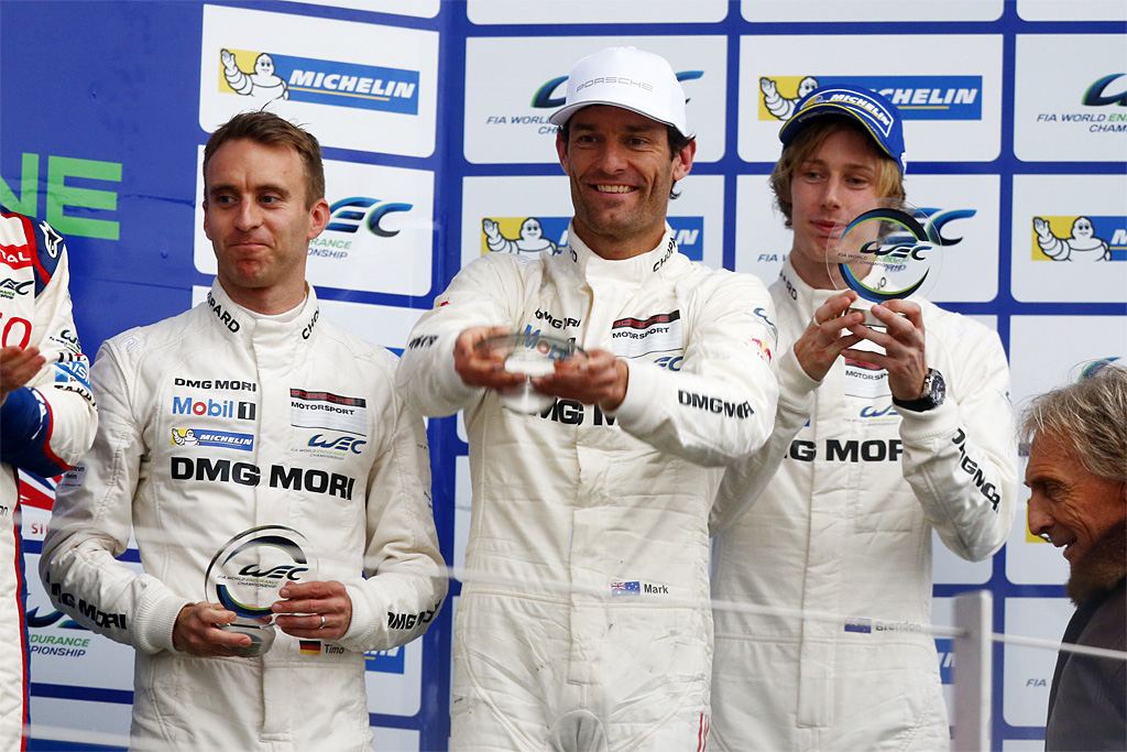 Porsche 919 Hybrid på tredjepladsen, med Timo Bernhard, Mark Webber, Brendon Hartley
(Foto: Porsche)